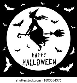 Vector illustrations of Halloween card with a witch on a background of the moon