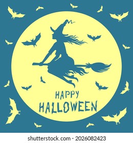 Vector illustrations of Halloween card with a witch on a background of the moon
