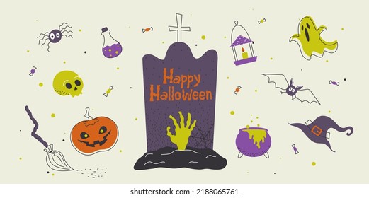 Vector illustrations for Halloween. Halloween design elements, stickers, logos, badges, labels, icons and objects.