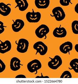 Vector illustrations of Halloween funny horror pumpkin pattern seamless. Pumpkin face on background. Black background
