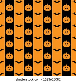 Vector illustrations of Halloween funny horror pumpkin pattern seamless. Pumpkin face on background. Black background