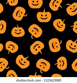Vector illustrations of Halloween funny horror pumpkin pattern seamless. Pumpkin face on background. Black background