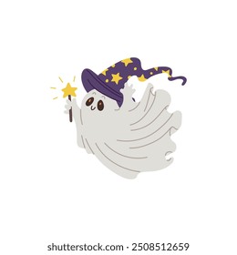 Vector illustrations for Halloween with a ghost in a wizard's hat with a magic wand. Perfect for creating a festive intimidating atmosphere in October.