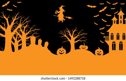 Vector illustrations of Halloween greeting banner with horror landscape on black background