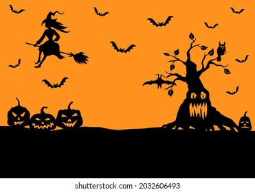 Vector illustrations of Halloween greeting banner with witch, scary tree and pumpkins