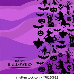 Vector illustrations of Halloween with horror silhouettes vertical design on violet background