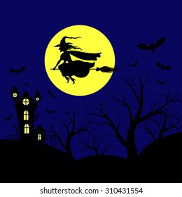 Vector illustrations of Halloween landscape with witch on broomstick flying in sky against background of moon