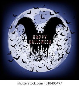 Vector illustrations of halloween night with bats flying over blue moon.