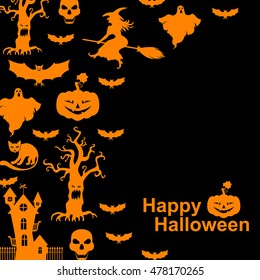 Vector illustrations of Halloween with orange horror silhouettes on black background