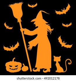 Vector illustrations of Halloween orange silhouette witch holding broomstick and cat, pumpkin, vampires on black background