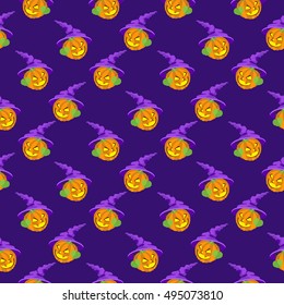 Vector illustrations of Halloween pattern seamless with pumpkin hat on violet background