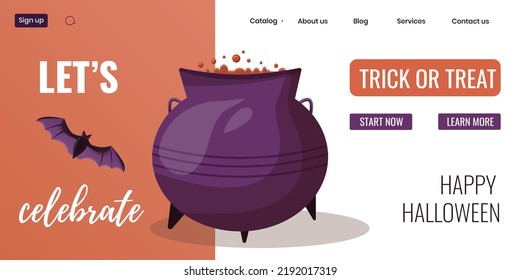 Vector illustrations of  halloween pot with poison and bat. Halloween party, celebration, holiday, event, festive concept of sale. Website banner template.