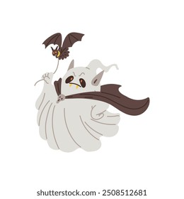 Ilustrações vetoriais para Halloween com um fantasma vampiro assustador com um morcego na coleira. Perfeito para criar uma atmosfera intimidadora festiva em outubro.