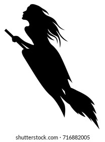 Vector illustrations of Halloween silhouette beautiful witch on broom fly