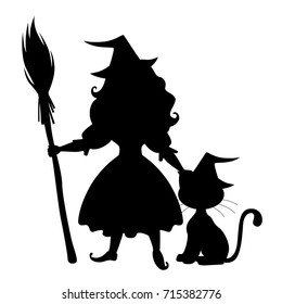 Vector illustrations of Halloween silhouette cute witch and cat