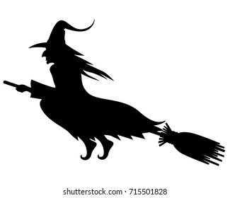 Vector illustrations of Halloween silhouette wicked witch with hat on broom fly