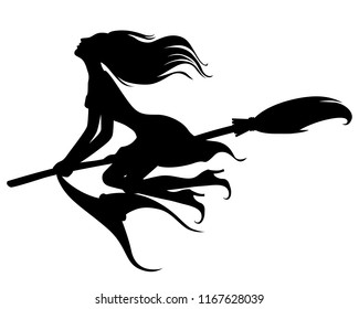 Vector Silhouette Witch Flying On Broomstick Stock Vector (Royalty Free ...