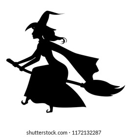 Vector illustrations of Halloween silhouette witch with hat on broom