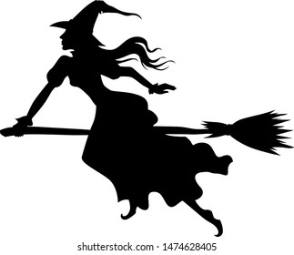 Vector illustrations of Halloween silhouette witch with hat on broom fly