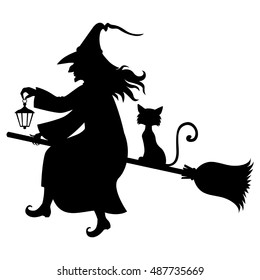 Vector illustrations of Halloween silhouette witch and cat flying on broomstick