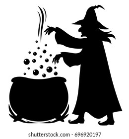 Vector illustrations of Halloween silhouette Witch brews potion in pot isolated on white background