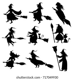 Vector illustrations of Halloween silhouette witch with hat and broom set