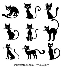 Vector illustrations of Halloween silhouettes cats set