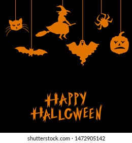 Vector illustrations of Halloween symbols greeting card on black background