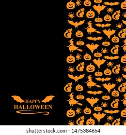 Vector illustrations of Halloween symbols vertical ornament greeting card on black background