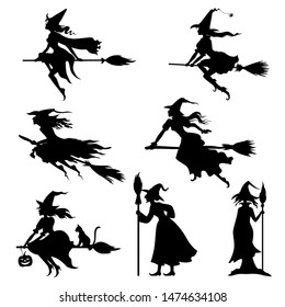 Vector illustrations of Halloweens witches silhouettes set