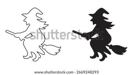 Vector illustrations of Halloweens witches silhouettes. Flying Witch and Mythical Creatures outline and filled vector