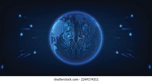 Vector illustrations of halogram earth floating on futuristic digital base with glowing ring and particles.Futuristic digital technology and computer concepts.