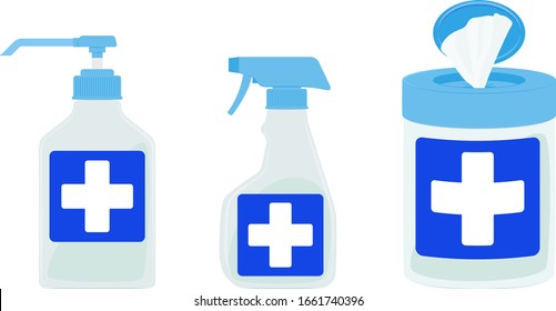 Vector illustrations of hand disinfectant bottle and disinfection spray and wet wipe disinfection