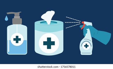 Vector illustrations of hand disinfectant bottle and disinfection spray and wet wipe disinfection