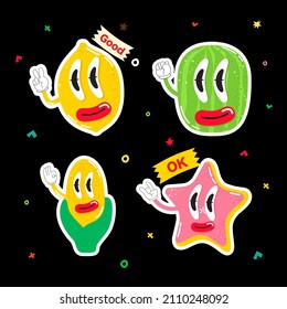 Vector illustrations Hand drawn of design cartoon characters.  stamps or stickers with abstract funny cute comic characters.