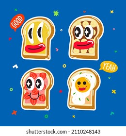 Ilustraciones vectoriales dibujadas a mano de personajes de dibujos animados de diseño.  estampillas o emoticones con extractos y graciosos personajes cómicos.