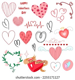 Vector illustrations, hand drawn doodles, set of stylized hearts with and without pattern as well as braces and ornaments, for: give your love, wedding or event invitation, promotional offers, sales.