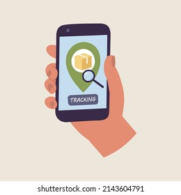 Vector Illustrations hand and holding mobile smart phone with app delivery tracking