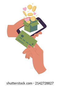 Vector Illustrations hand holding phone with donation box with golden coin and hearts. Second hand holding credit card. Concept of charity