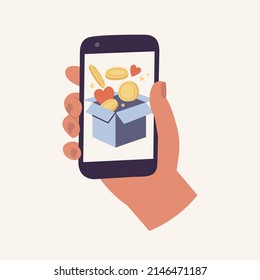 Vector Illustrations hand holding phone with donation box with golden coin and hearts. Concept of charity