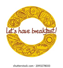 Vektorgrafiken, handgezeichnet im Doodle-Stil, einzeln auf weißem Hintergrund. Sammlung von Bäckereien und Süßwaren mit verschiedenen Arten von Brot, Croissant, Brezel, französischem Baguette, Brötchen, Bagels