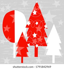 Ilustraciones vectoriales de Año Nuevo feliz, artístico y hecho a mano, árboles navideños diferentes de color rojo-blanco decorados con estrellas en un fondo de textura clara. Tarjeta de bienvenida de diseño.