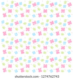 Vector illustrations of handmade artwork with with blue, pink flowers and green leaves on a white background. Cute floral greeting card template design.
