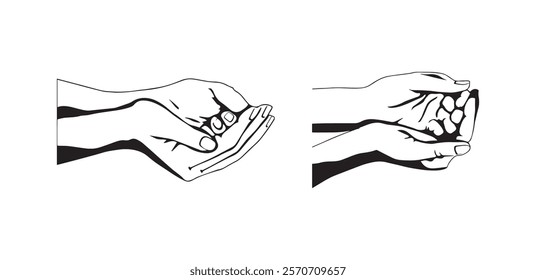 "Vector illustrations of hands in a minimalist black and white style, created in Adobe Illustrator."