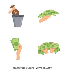 Vektorillustrationen von Händen mit Geld, das Wegwerfen von Bargeld und das Sparen