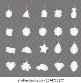 Vector illustrations of hanging air fresheners in a variety shapes to be used for editable mockups or product presentations.