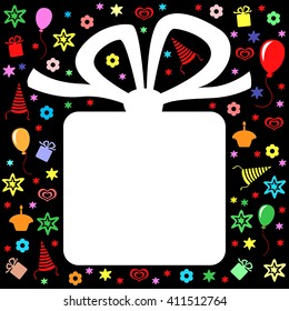 Vector illustrations of Happy Birthday greeting multicolor card with gift on black background