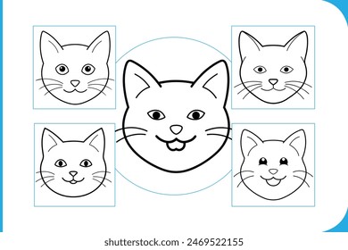 Vector illustrations of happy cat faces showcasing adorable and quirky expressions. Perfect for adding charm and personality to your designs.
