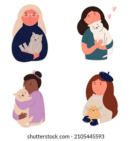 Vector illustrations of happy women hugging cats. Set of women portraits with animals