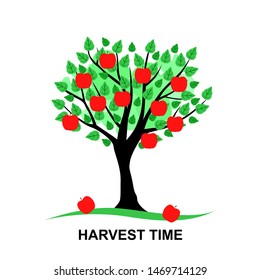 Vector illustrations of harvest time card with Apple tree